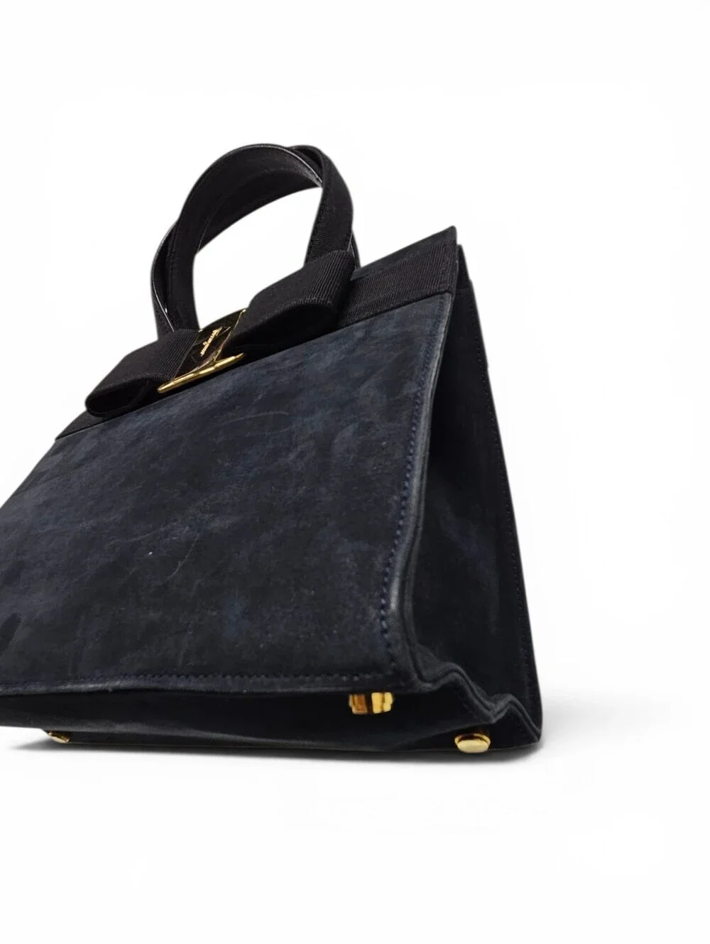 Salvatore Ferragamo Black Vara Bow Handbag In Navy Blue Suede And Gold